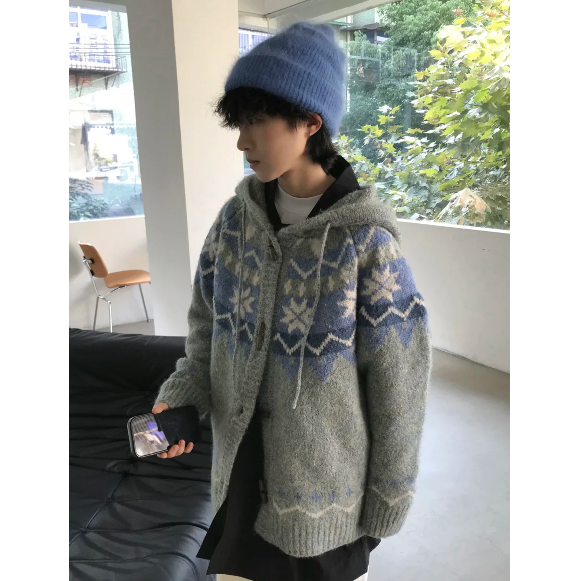 灰色费尔岛牛角扣连帽针织毛衣外套男秋冬慵懒风加厚开衫上衣冬季