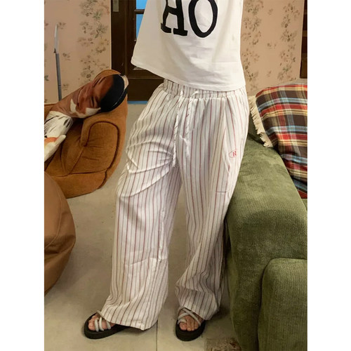 美式撞色条纹抽绳休闲裤男女夏季薄款慵懒宽松百搭潮流直筒拖地裤