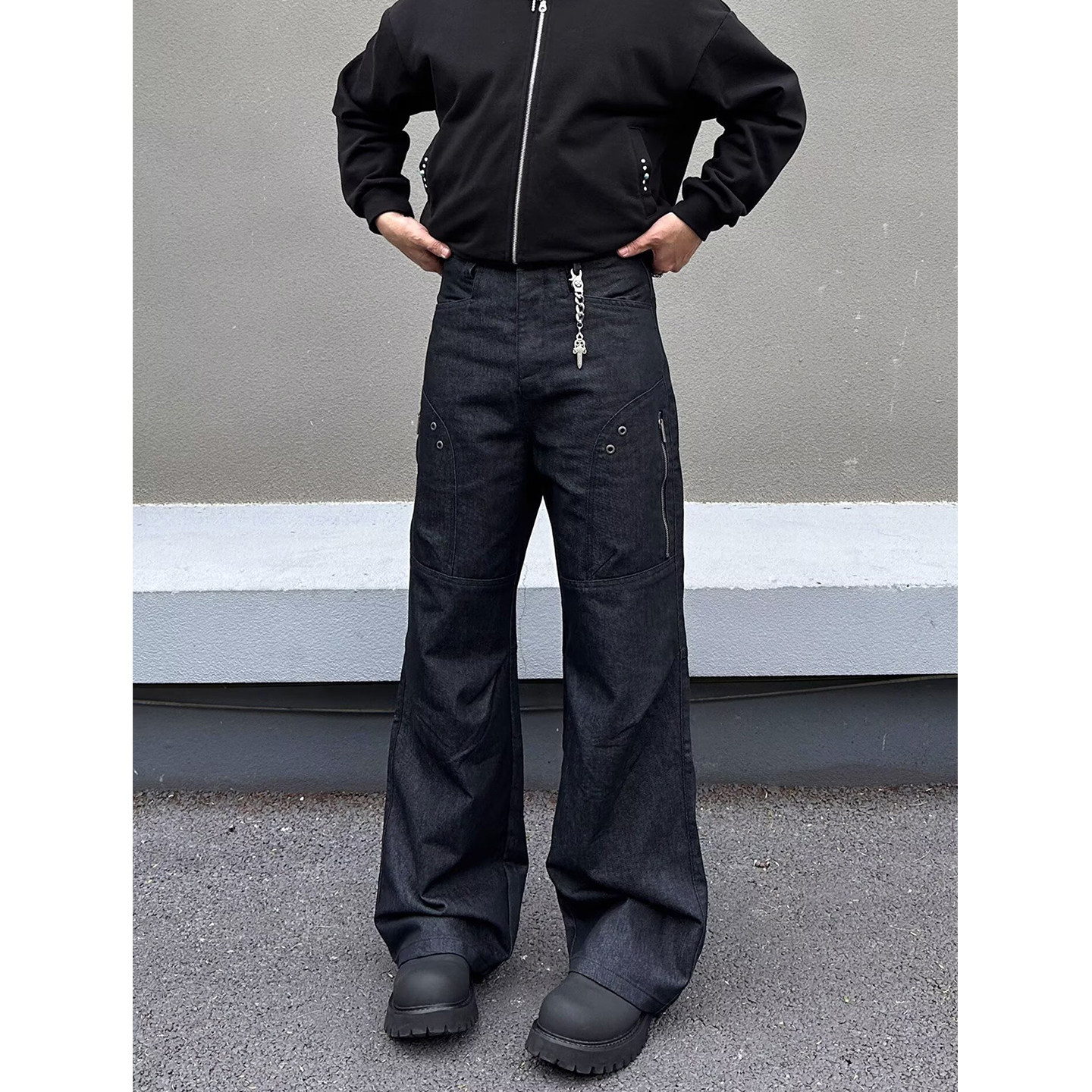 轻朋克金属设计感小众牛仔裤男美式复古原牛宽松直筒结构阔腿长裤