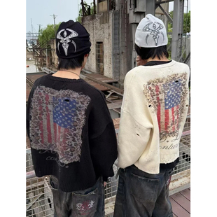 小众亚文化破洞旗帜豹纹印花开衫针织男女同款秋冬季宽松毛衣外套