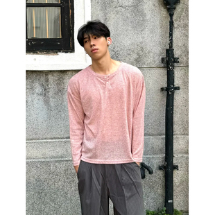 粉色亨利领长袖T恤男薄款cleanfit慵懒老钱风复古宽松内搭防晒衫
