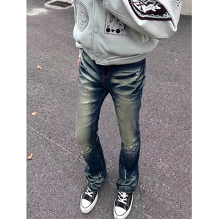 长裤 517风格 子男 vintage复古水洗做旧猫须破洞微喇弹力牛仔裤 美式