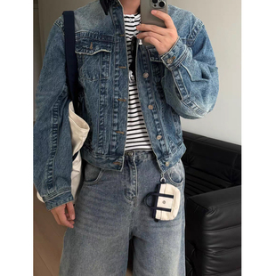 蓝色短款牛仔外套男女秋季美式复古廓形百搭cleanfit水洗翻领夹克