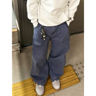 男女vintage宽松牛仔阔腿裤 ERL风格 休闲裤 水洗磨破工装 蓝色法工裤