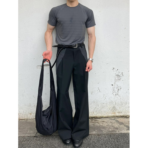 26SS TR条纹拼接春夏休闲宽松垂感通勤款A字阔腿西裤男高级感长裤