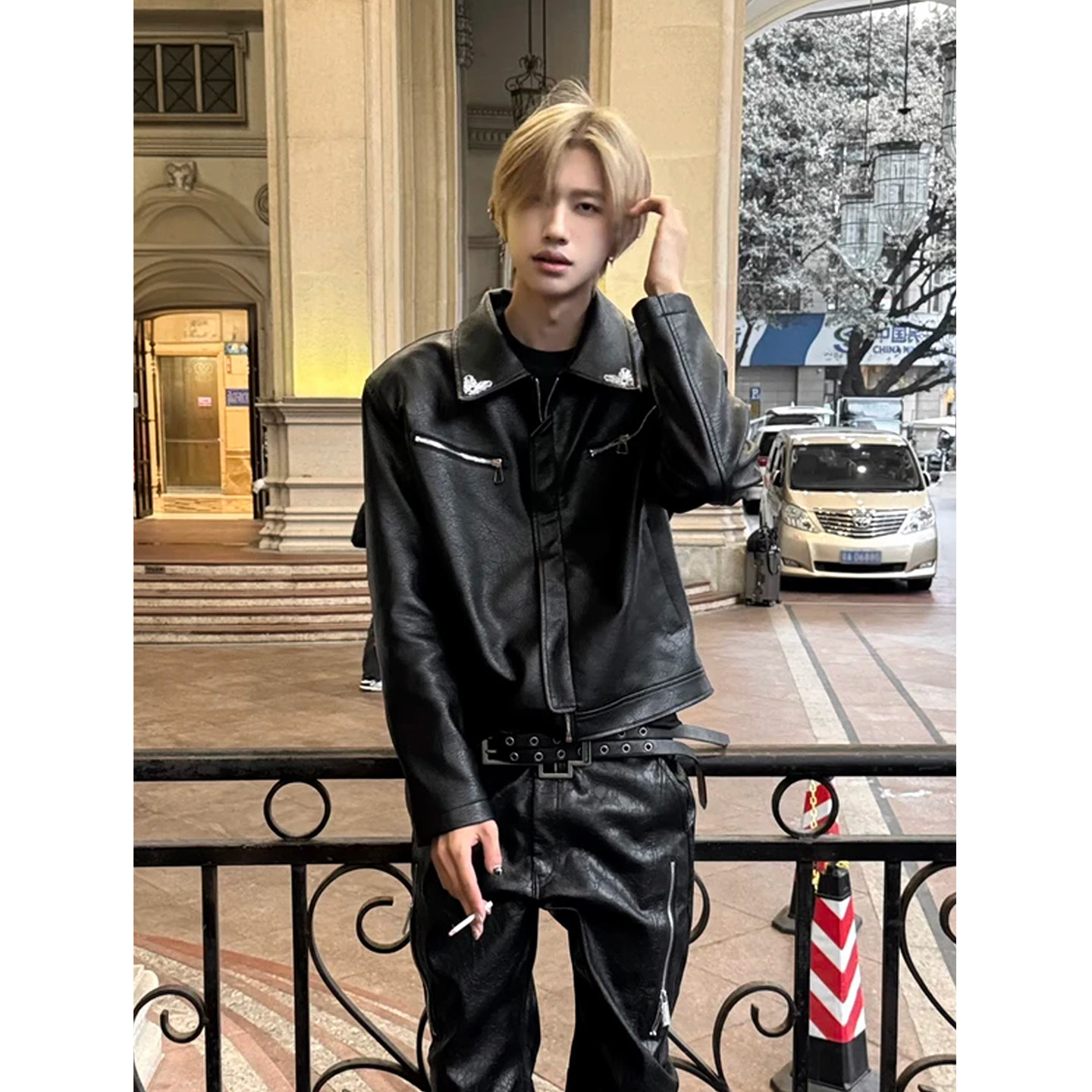角花刺绣翻领PU皮夹克男春秋冬美式风小众Slim廓形短宽赛车服外套