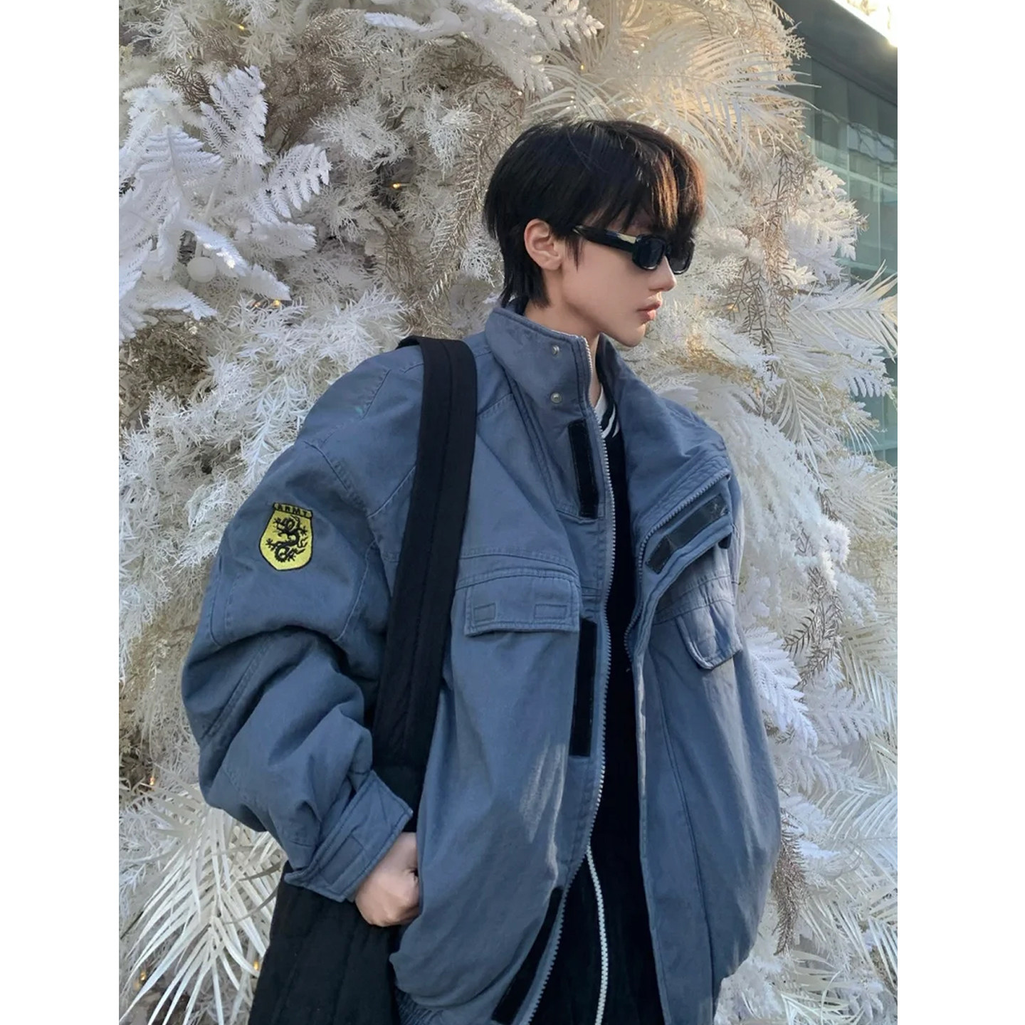 蓝色廓形哈灵顿立领水洗工装夹克男女款春秋季美式飞行员牛仔外套