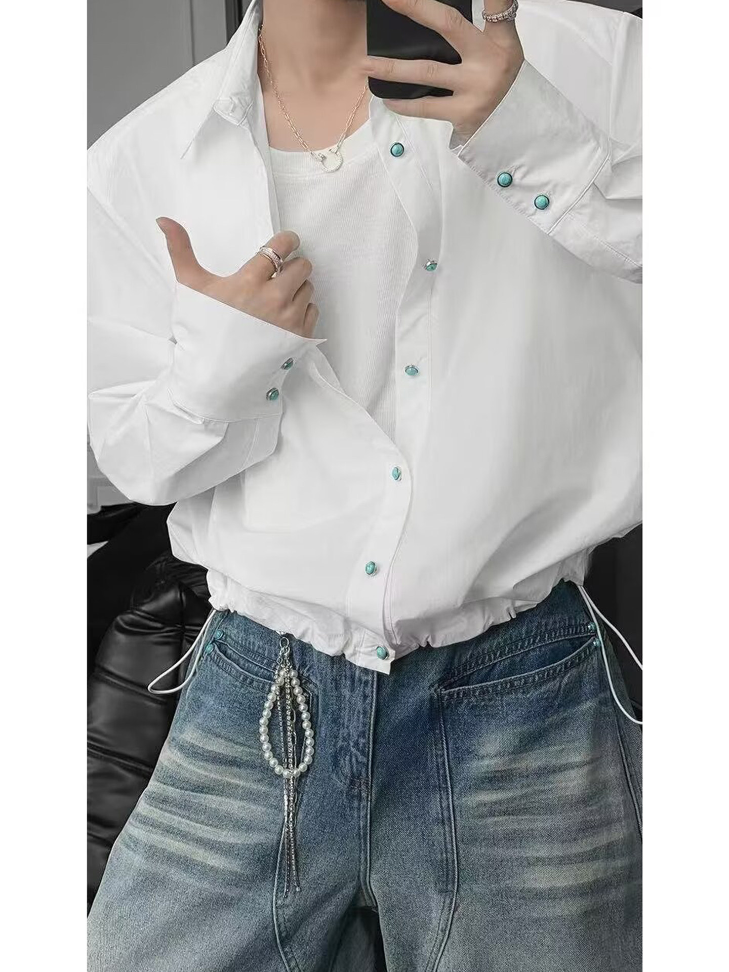 British Style Elegant Green Turmeric-Colored Drawstring Hem Long-Sleeve Shirt for Men 2026 Early Spring Simple Loose High-End Shirt