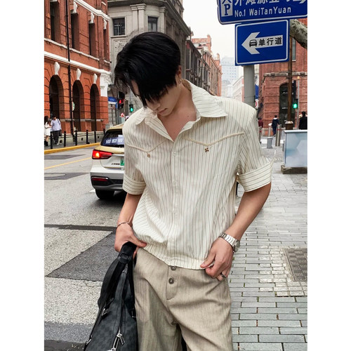 高智新贵风复古条纹短袖衬衫男老钱风慵懒雅痞百搭高级感休闲衬衣