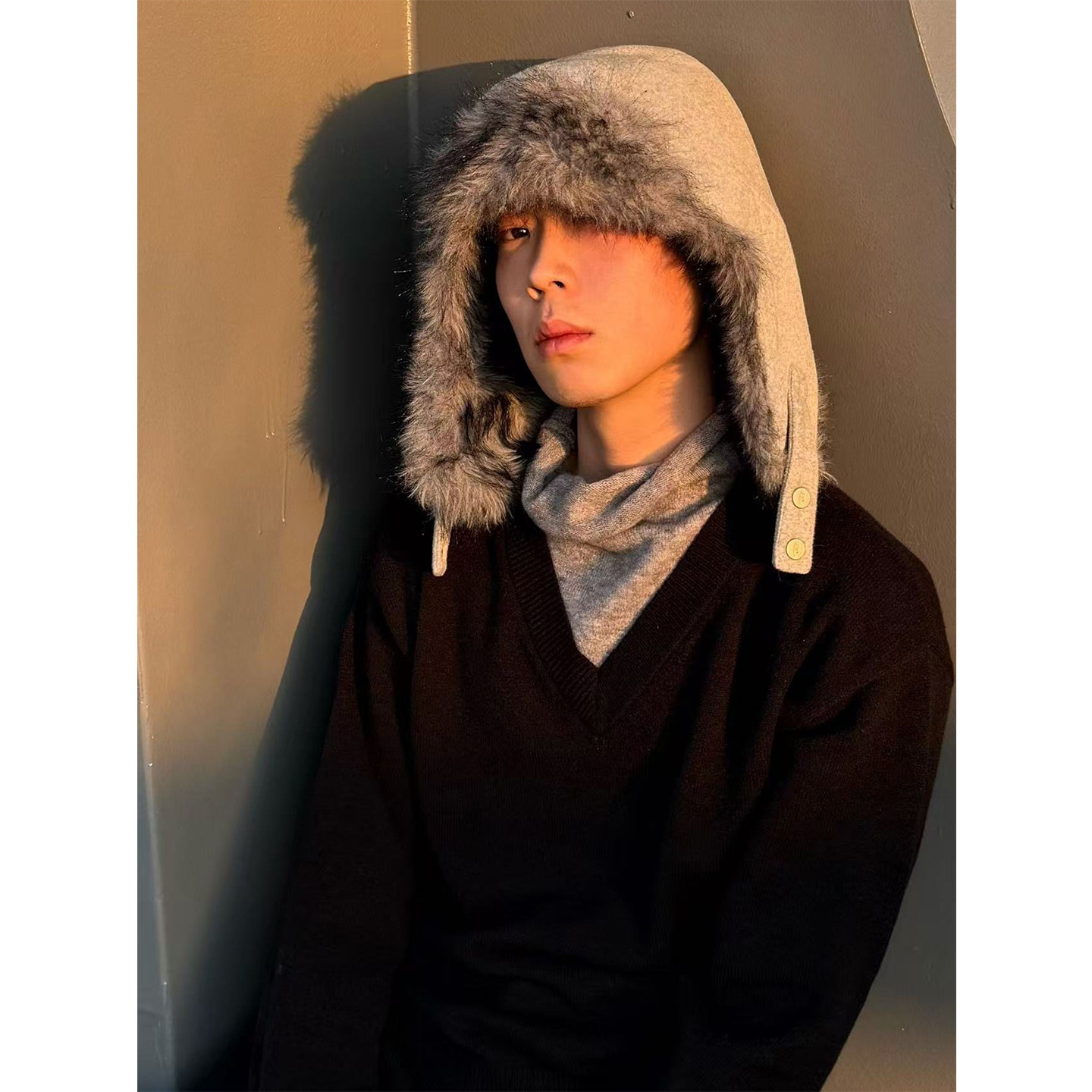 假两件v领高领羊毛混纺毛衣男堆叠领打底针织衫撞色百搭通勤外套