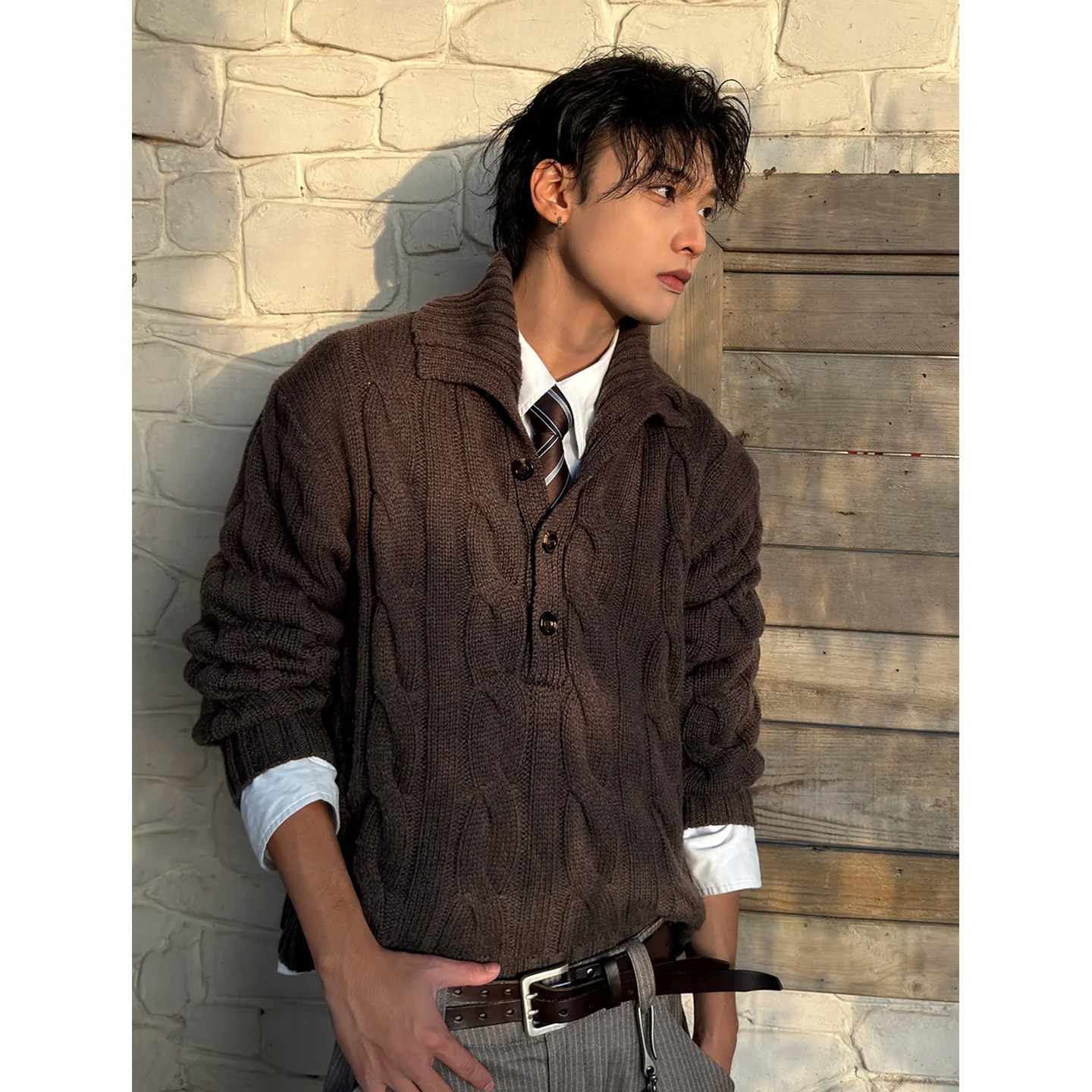 美式复古浮雕绞花粗针多造型毛衣男女秋冬季潮短宽痞帅老钱风上衣