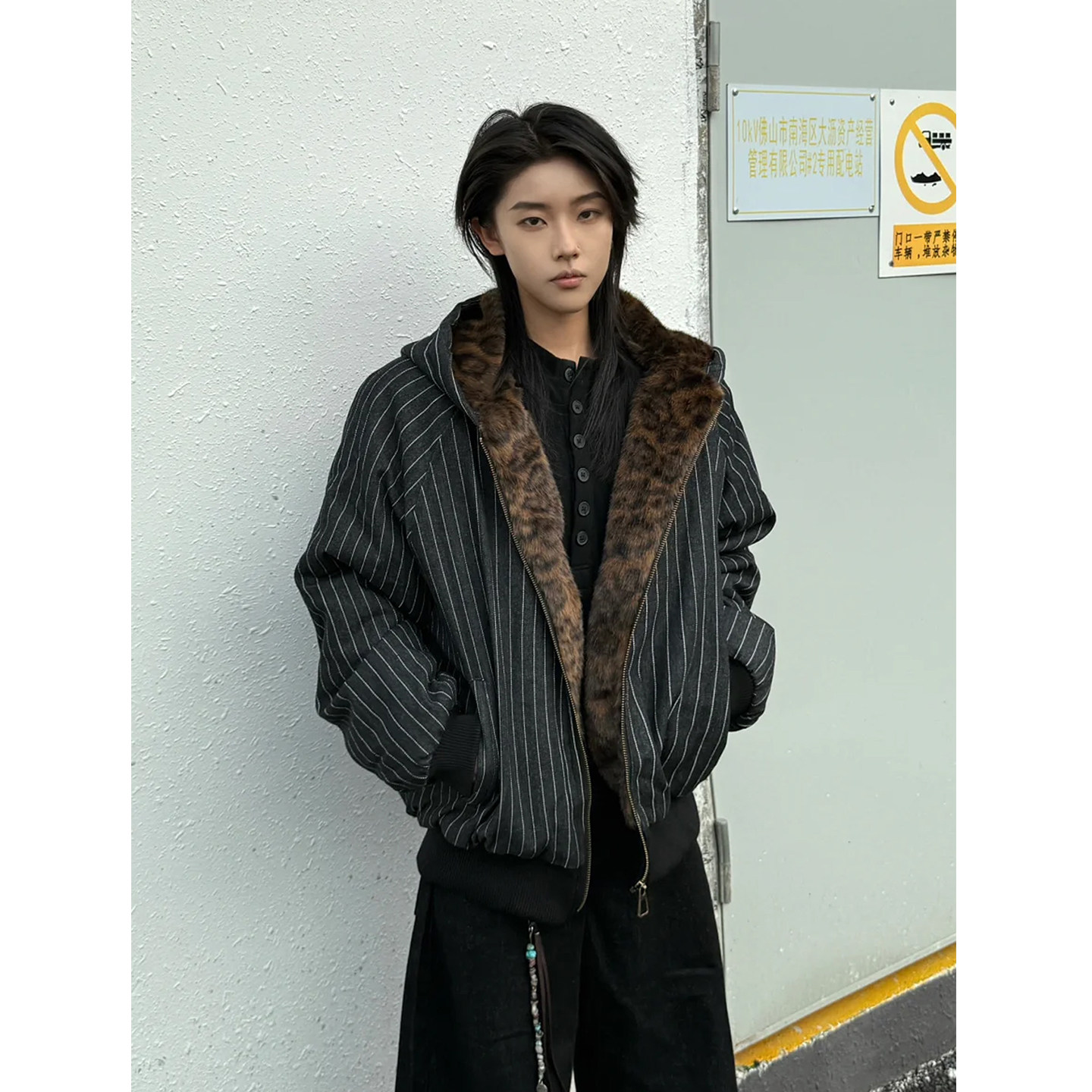 豹纹毛绒竖条纹连帽座山豹棉服外套男女同款冬季保暖宽松美式棉衣