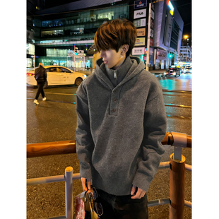 秋冬高领假两件连帽针织衫情侣毛衣男士韩版软糯保暖内搭宽松上衣