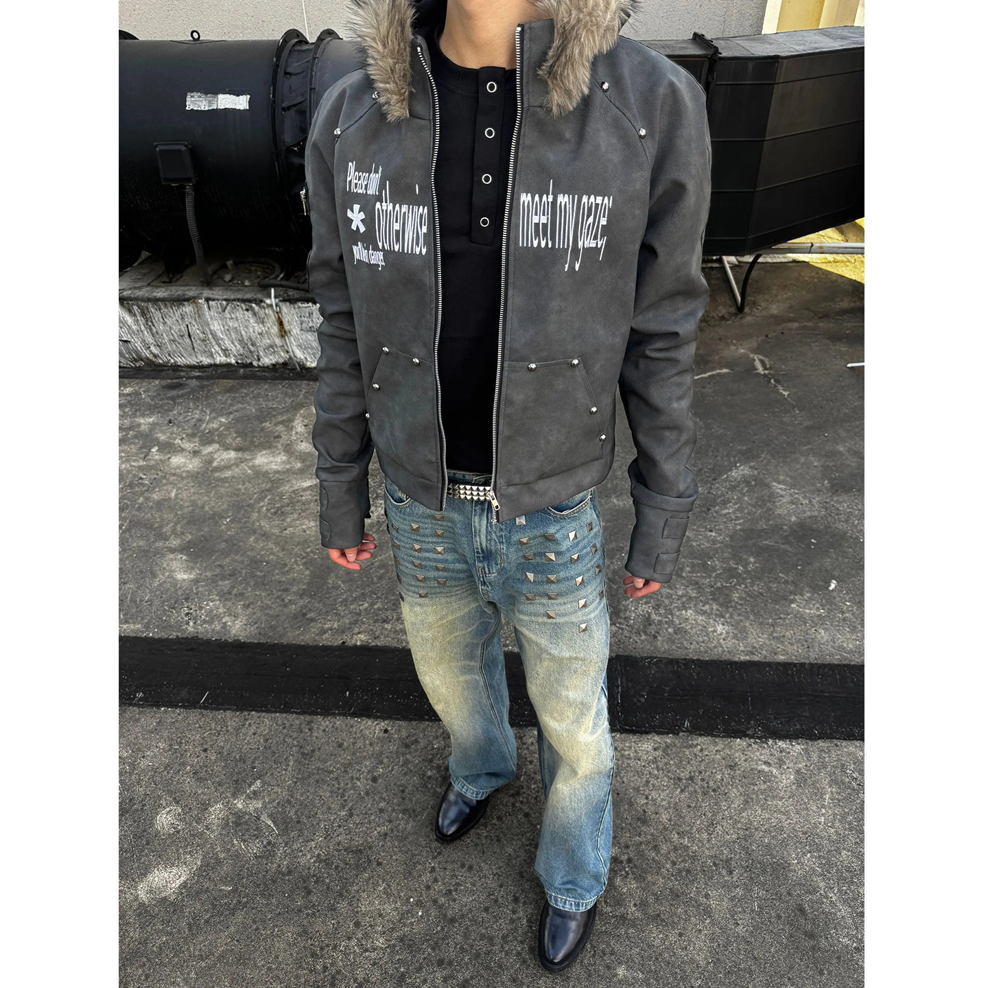 小众铆钉字母印花设计感短款毛领连帽皮质夹克棉服男冬季街头外套