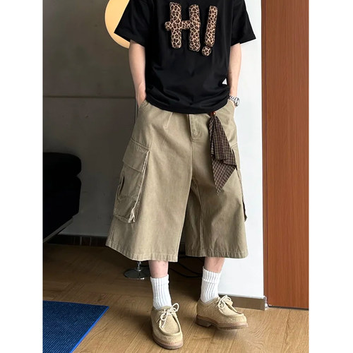 美式复古卡其方巾装饰水洗工装七分裤男夏季宽松大口袋阔腿短裤子