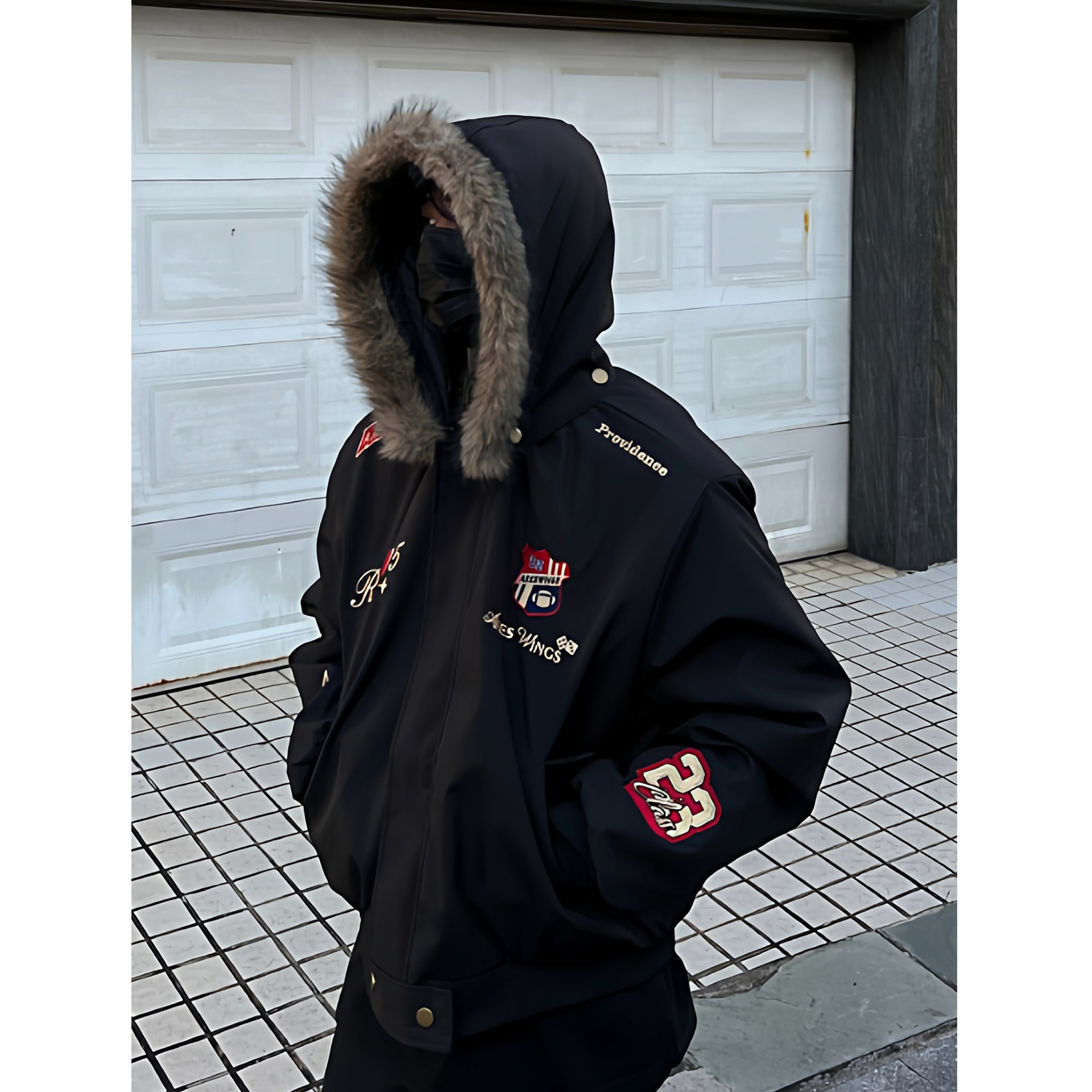 美式hiphop飞行夹克座山雕刺绣棒球服加厚拆卸连帽男女冬季外套潮