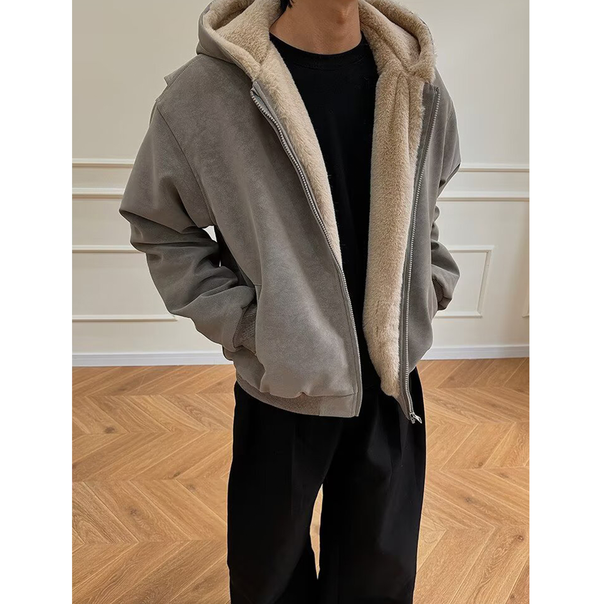 美式复古座山雕PU皮棉衣男冬季cleanfit连帽加绒加厚保暖棉服外套