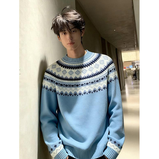 慵懒风提花圆领圣诞穿搭针织衫 冬季 蓝色费尔岛毛衣男女款 王源同款
