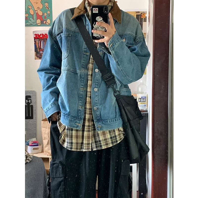 日系古着水洗牛仔外套男春秋季vintage潮牌美式宽松卡哈特风夹克