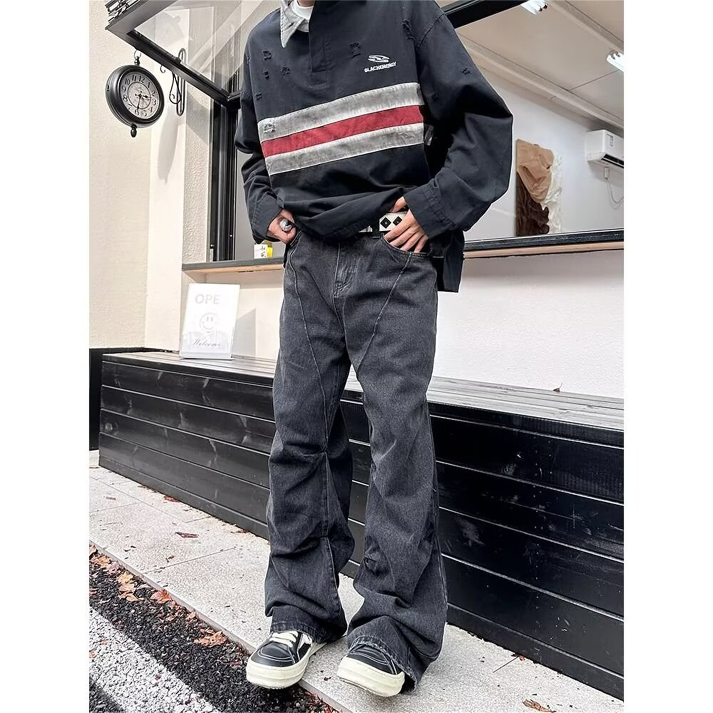 美式高街水洗黑色褶皱分割感牛仔裤男女嘻哈宽松直筒拖地微喇长裤