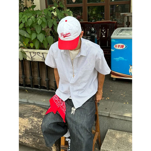 慵懒高知复古百搭boxyfit条纹短宽衬衫男夏季宽松休闲竖条纹衬衣