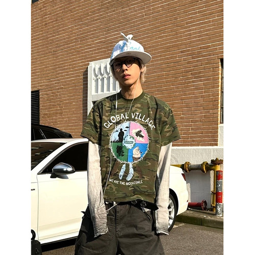 地球村迷彩印花短袖T恤男女夏季美式街头风慵懒运动宽松半袖上衣