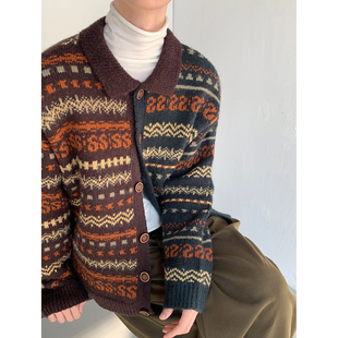 【糖炒栗子风穿搭】费尔岛撞色翻领针织衫开衫男秋冬复古慵懒毛衣