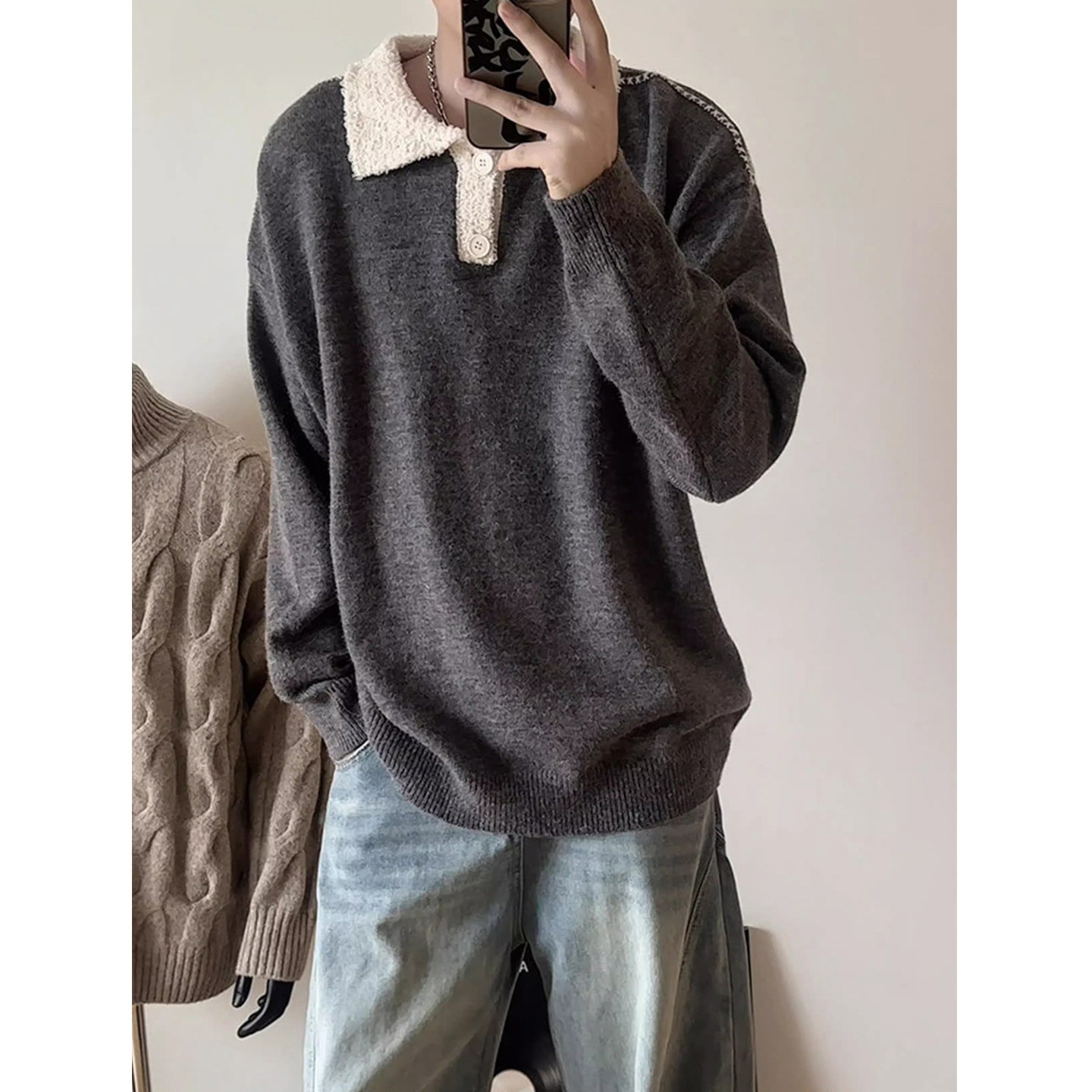 美式重磅车缝线毛衣男女冬季复古撞色polo领针织衫潮牌慵懒风上衣