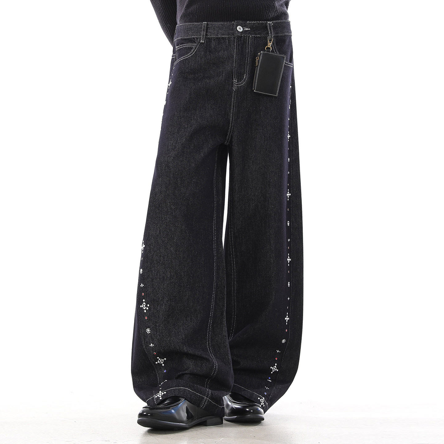 明星同款重工原牛直列贴钻阔腿牛仔裤男复古美式慵懒风宽松拖地裤,男装,牛仔裤,淘宝优惠券,粉丝福利购,淘宝优惠卷