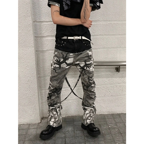 小众亚文化迷彩毛边拼擦脏接绑带牛仔裤男vibe高街显瘦嘻哈工装裤