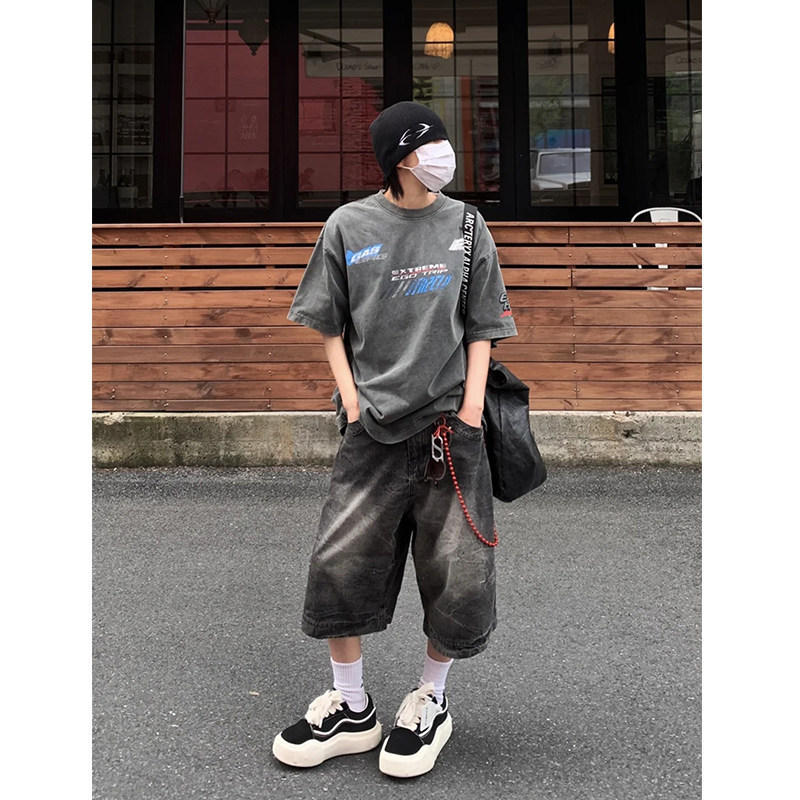 美式复古街头水洗纹牛仔短裤男