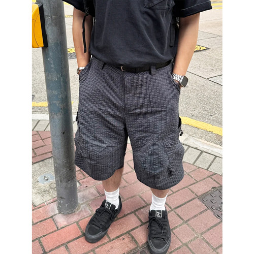 美式复古工装休闲七分格子裤男女夏季款宽松慵懒街头感阔腿短裤