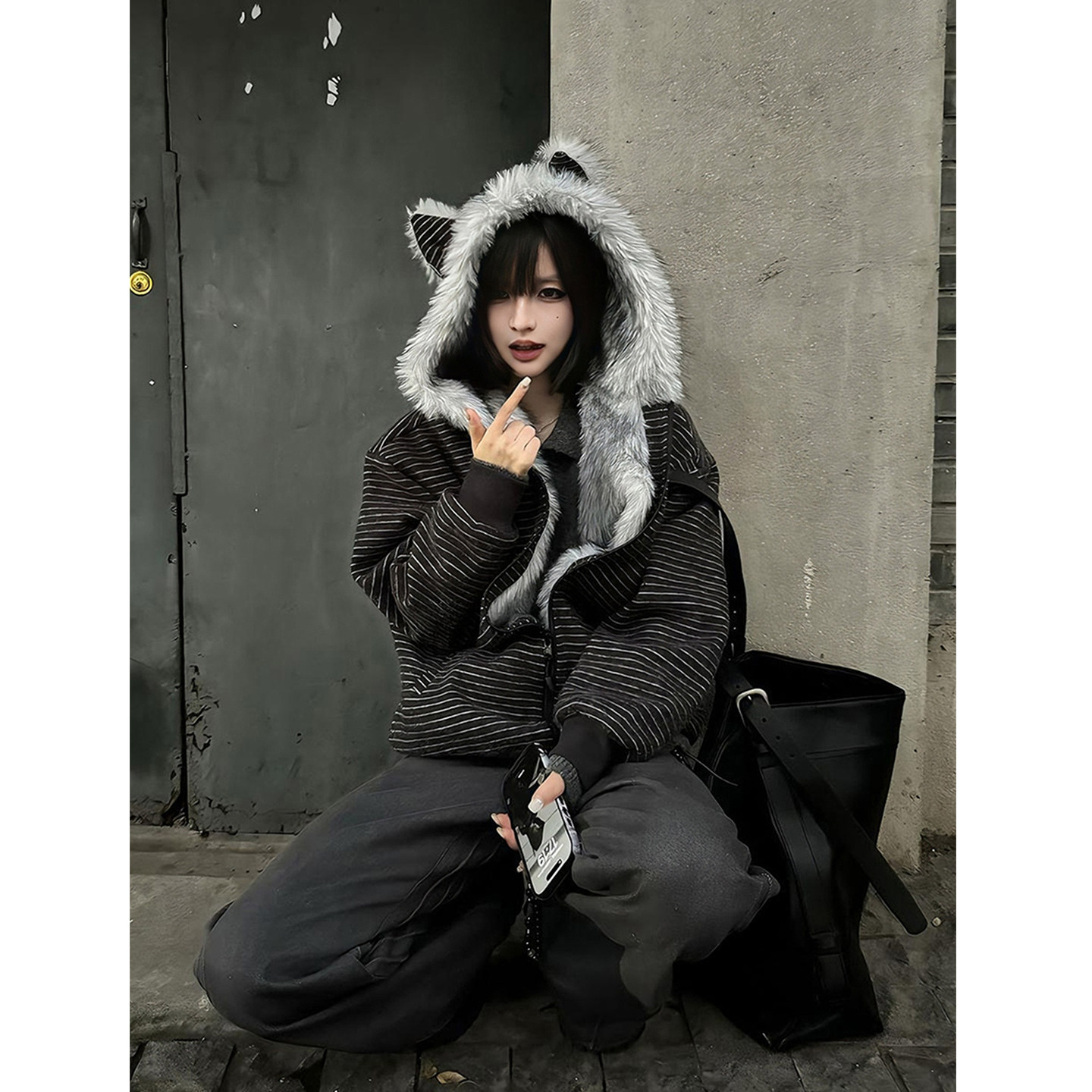 美式连帽耳朵条纹毛领座山雕夹克男女新款秋冬季加厚加绒棉服外套