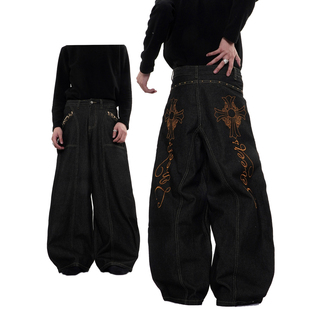 vibe美式高街十字架刺绣弯刀牛仔裤男女阔脚小众宽松轻亚长裤子潮