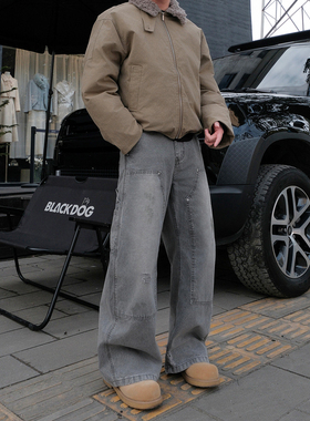 做旧灰色磨破伐木工装阔腿牛仔裤男拼接嘻哈美式复古宽松弯刀裤子