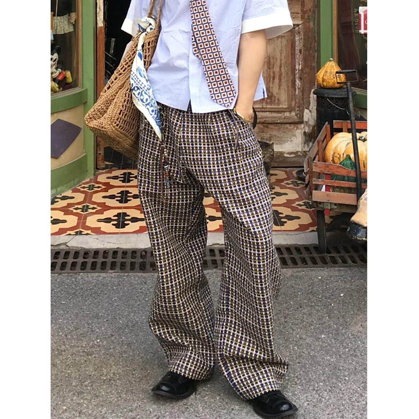 复古松弛感老钱风休闲西裤男美式肌理打褶宽松千鸟格设计感阔腿裤