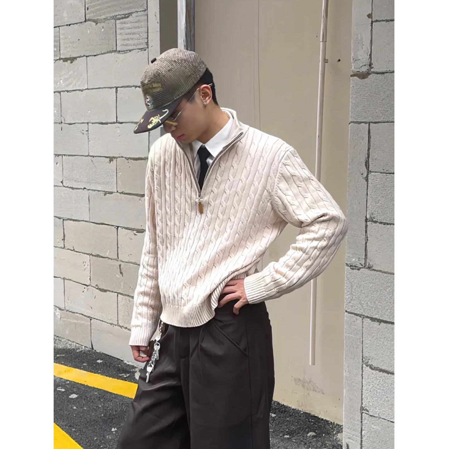 英伦风老钱半拉链麻花纹针织衫男女秋冬季松弛感休闲宽松套头毛衣