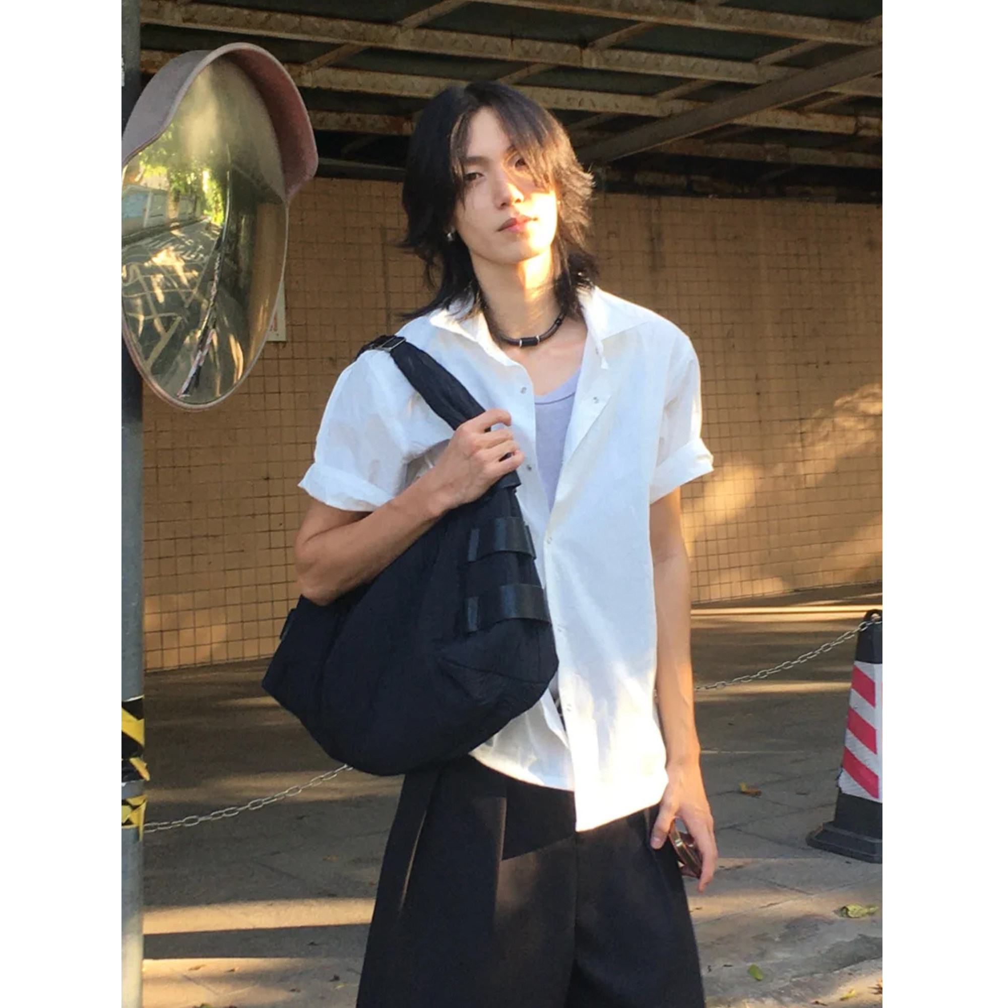 慵懒风通勤白色短袖衬衣男夏季美式高级感休闲垂感方领半截袖衬衫