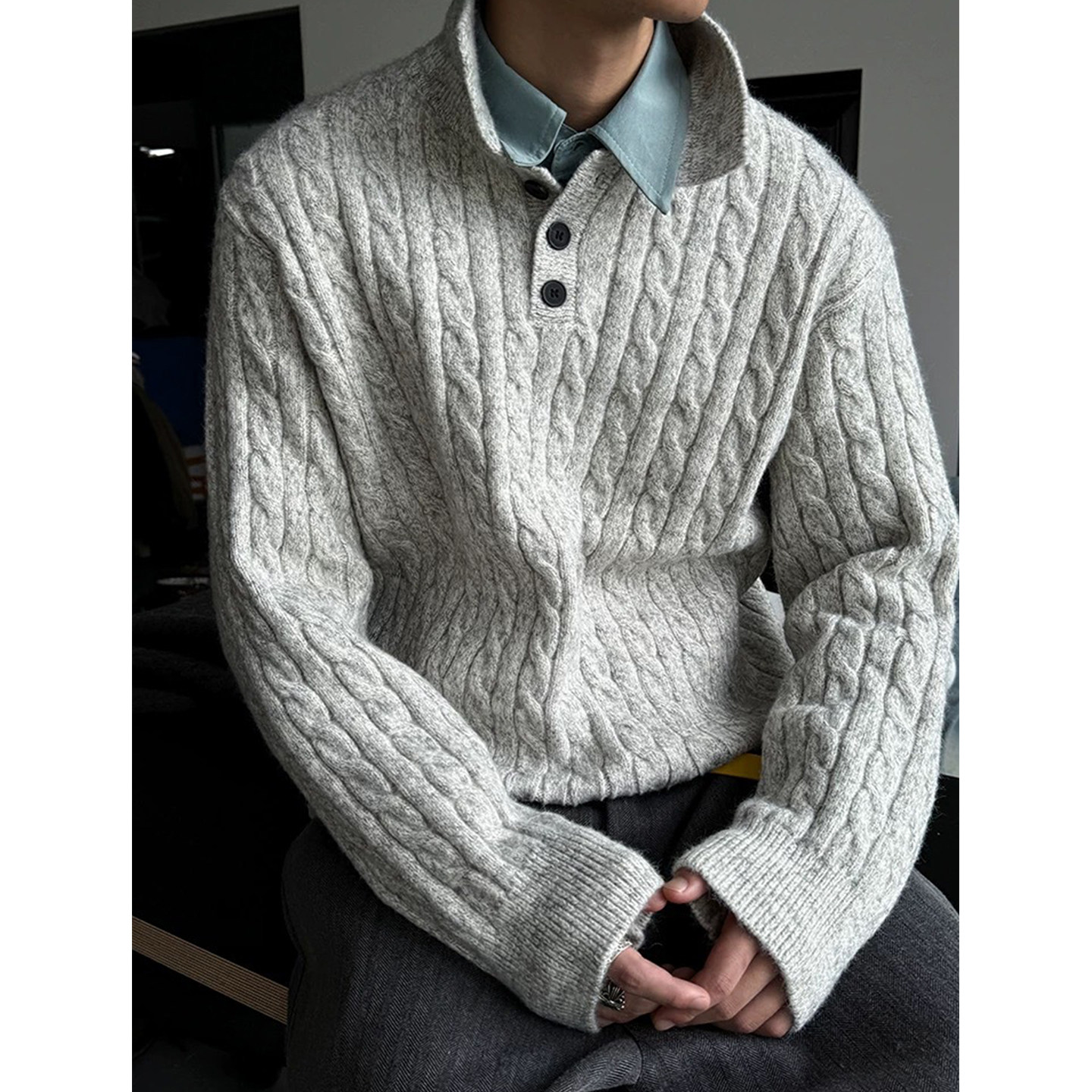 可翻领绞花纽扣POLO领套头毛衣男女宽松复古老钱风新贵针织衫外套