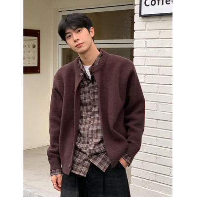 咖色格子拼接假两件毛衣男秋冬慵懒老钱风外套衬衫内搭叠穿针织衫