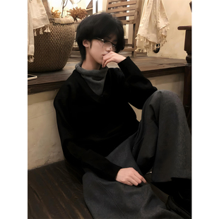 黑色假两件拼接高领毛衣男款冬季慵懒风内搭打底衫休闲保暖针织衫