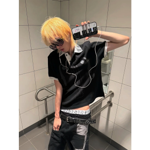 黑白音符钢琴领短袖Polo衫男yk2轻亚风痞帅街头宽松合身正肩T恤