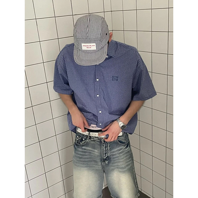慵懒松弛感夏季款蓝色格子短袖衬衫男女宽松休闲美式复古薄款外套