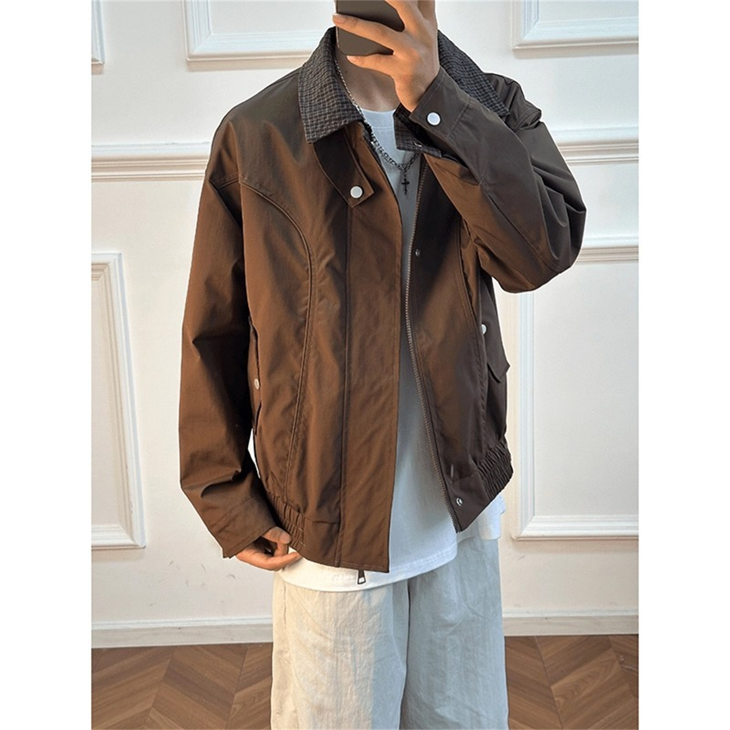 棕色格纹翻领拼接飞行员夹克男款春秋季美式复古解构工装休闲外套