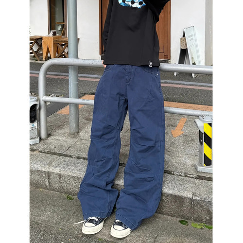 水洗蓝调法工蓝工装裤男女春秋夏美式褶皱感直筒宽松阔腿休闲裤子