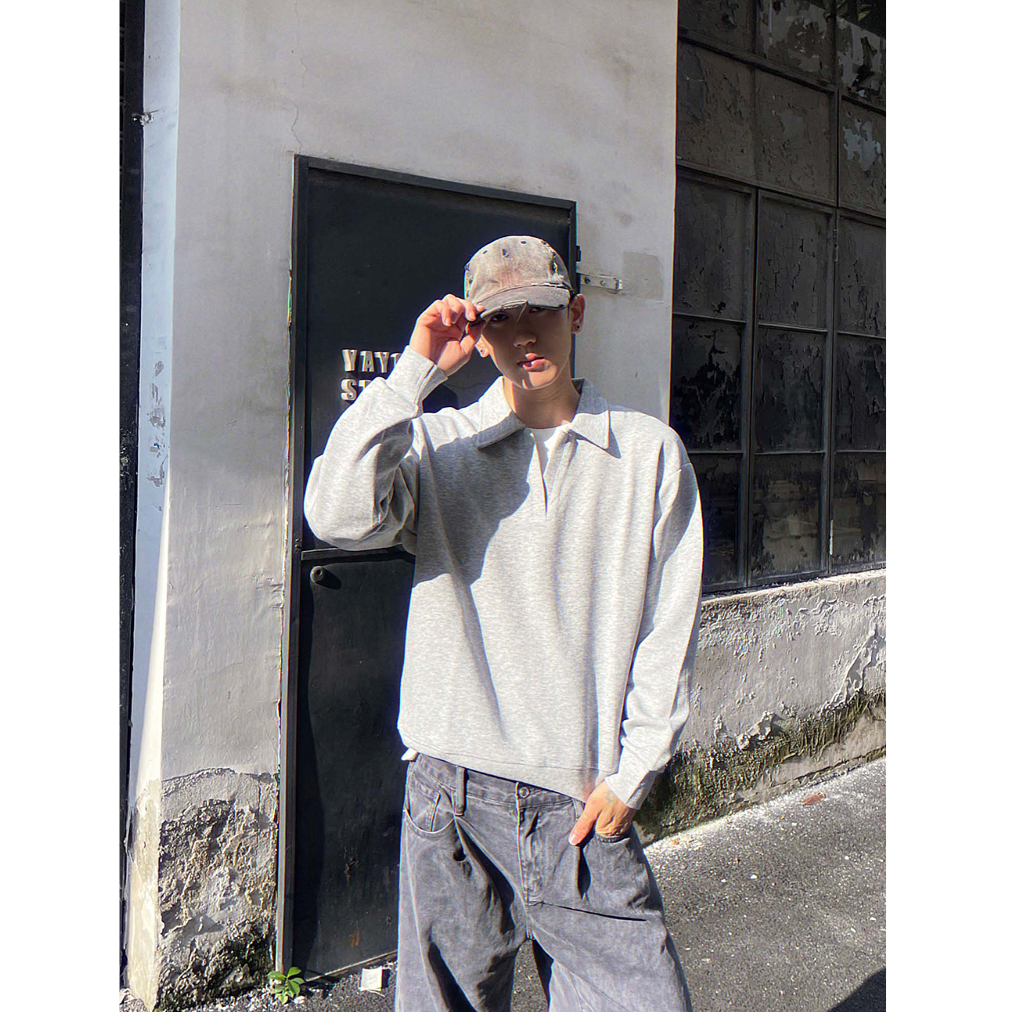 美式简约松弛感复古假两件Polo领卫衣男女宽松cleanfit高级感上衣