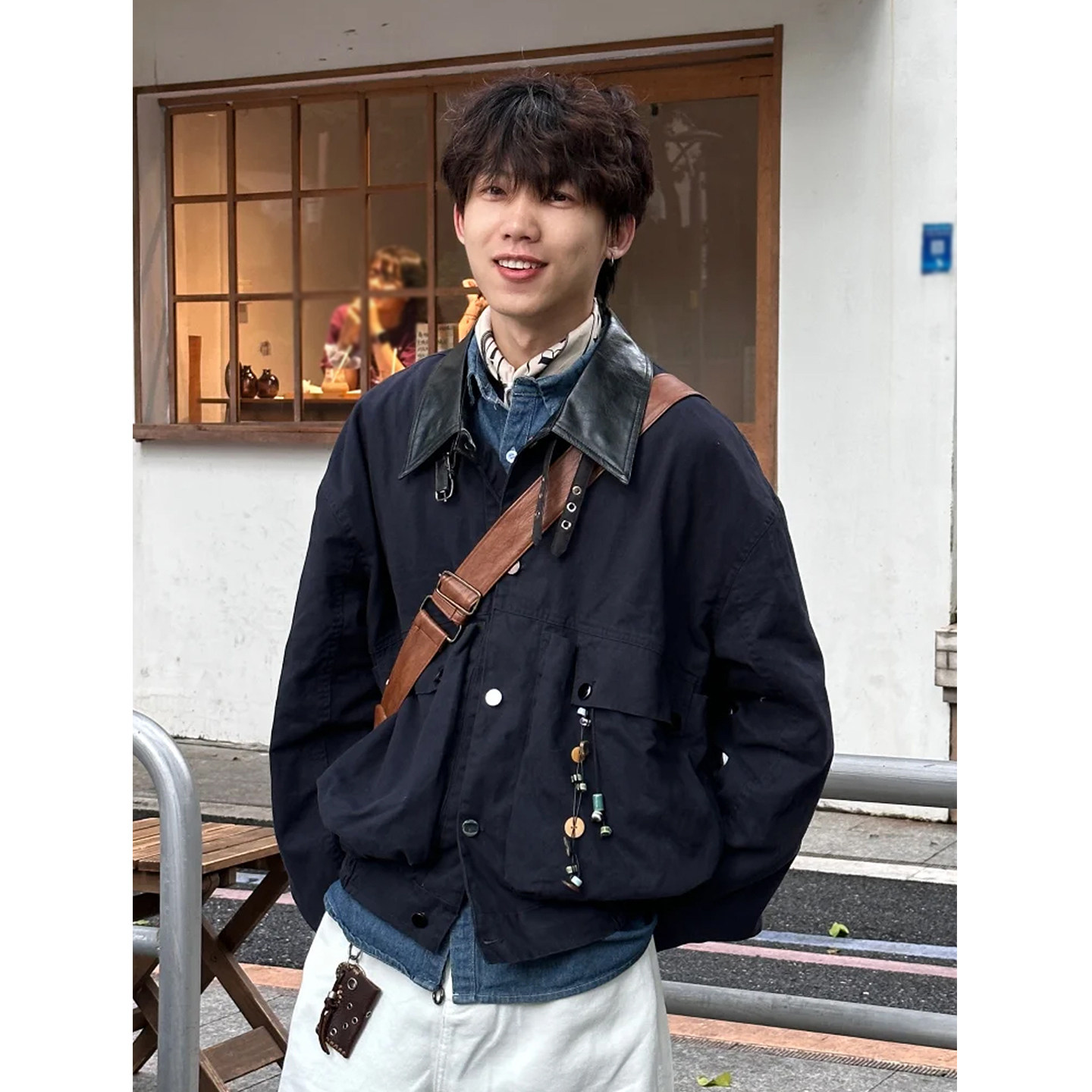 2026早春少年感大口袋工装外套男美式复古宽松拼皮领棒球服夹克女