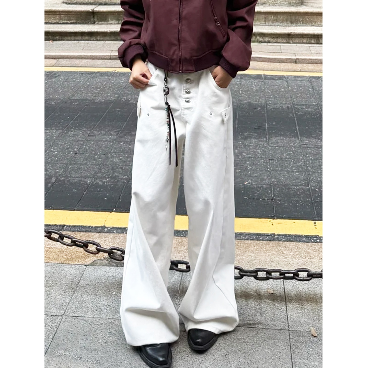 金属排扣设计黑白纯色宽松直筒牛仔裤男女美式高街个性百搭阔腿裤