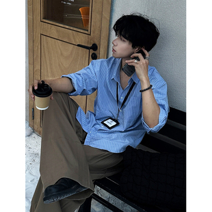 蓝色韩系条纹衬衫男高级感叠穿内搭长袖衬衣春季抗皱薄款防晒外套