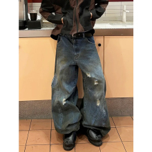 Capper同款水洗做脏廓形牛仔裤男美式高街嘻哈小众破洞超阔阔腿裤